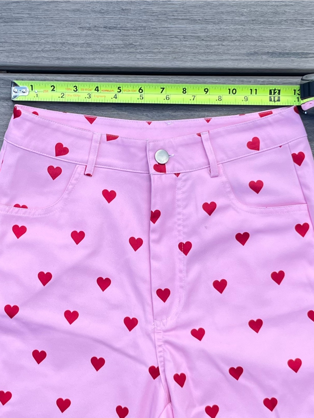 Cider; High Rise; Red Polka Dot Style Heart Print; Pink Flared Trousers; Small - Picture 3 of 10